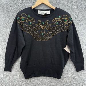 Eva Cervantes Sweater Womens Small Black Crew Neck Embellished Beaded Jewels NWT